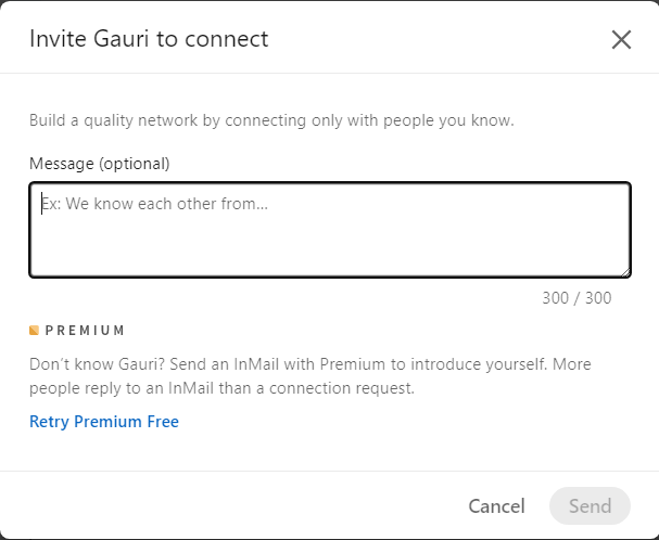 LinkedIn Invite Message Box