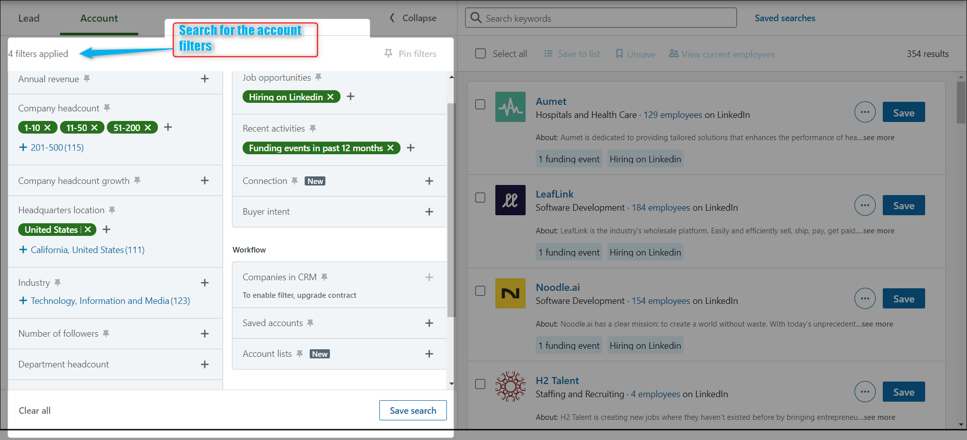 sales navigator search filter
